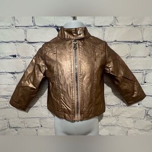 Little Lass Girls Jacket Brown Rose Gold Faux Leather Studded Zip Snap 12 Months
